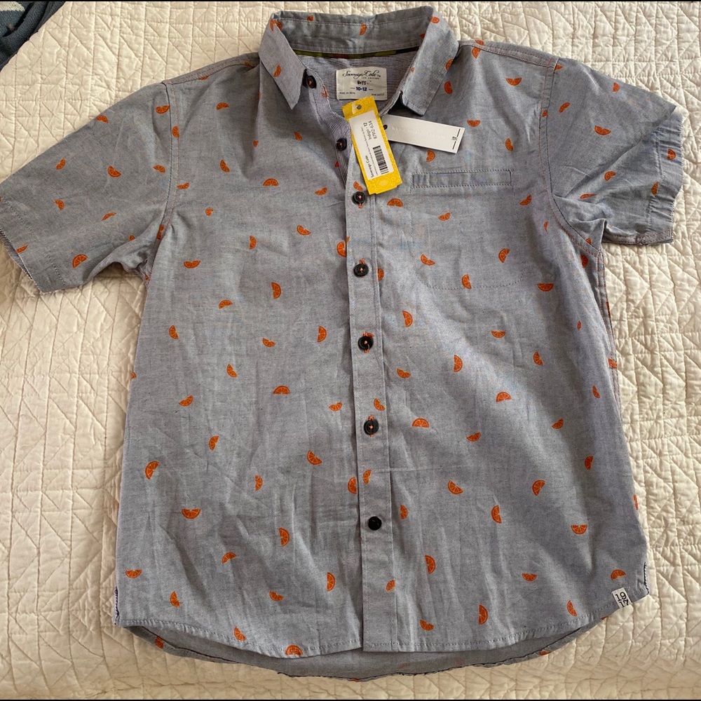 NYT boys 12 button down Grey with orange slice